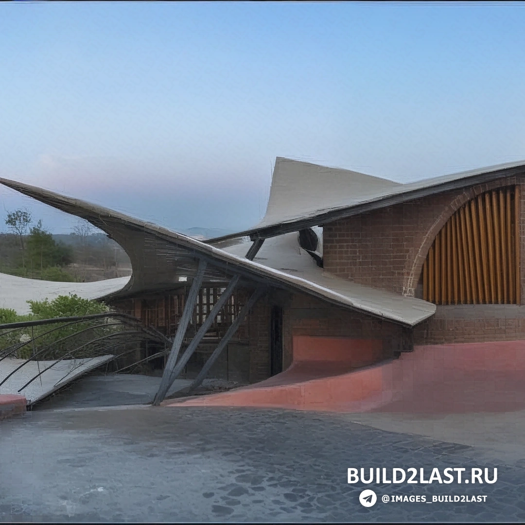 Кирпичный дом с многоуровневой крышей в Вада, Махараштра, Индия, выполненный в коричневых и серых оттенках